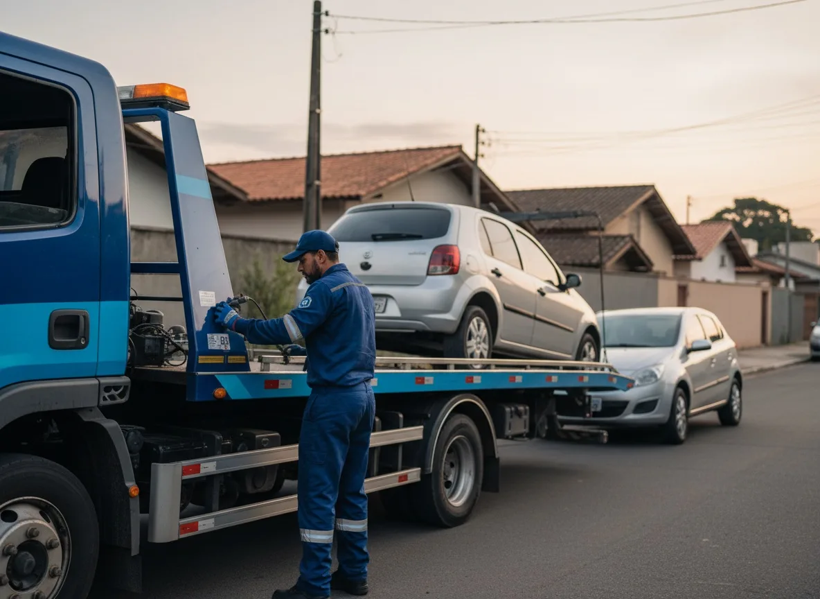 Guincho recolhendo um carro em rua residencial