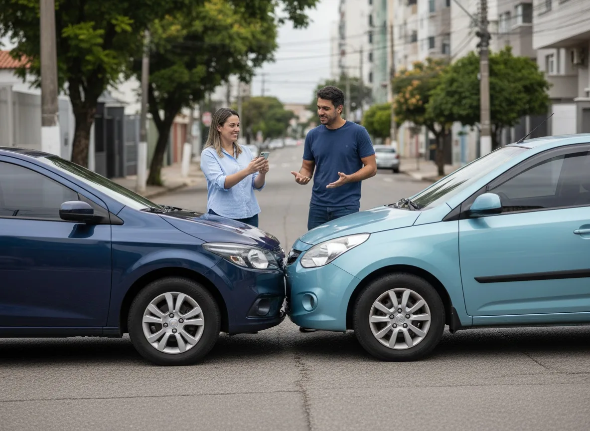 Dois motoristas conversando após uma colisão leve
