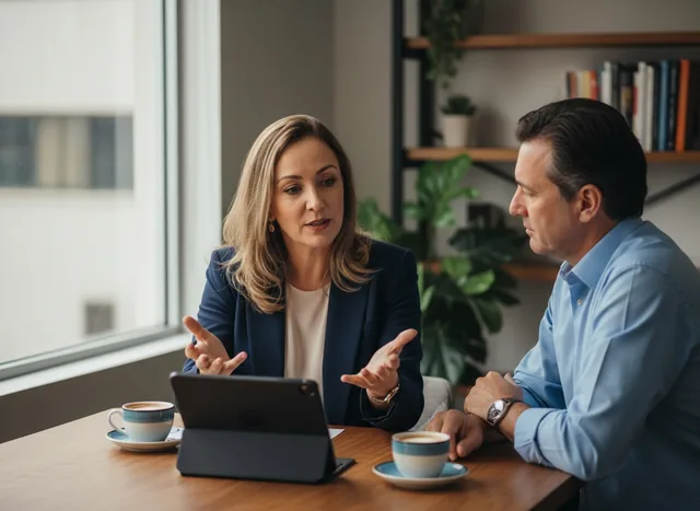 Corretora de seguros explicando as condições da apólice a um cliente